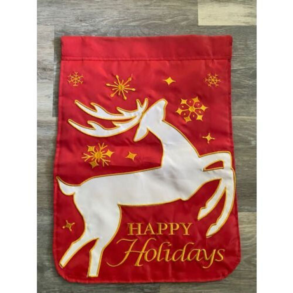 Christmas Reindeer Happy Holidays outdoor flag Red Gold Embroided Indoor